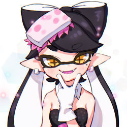 Rule 34 | + +, 1girl, bad id, bad pixiv id, black hair, black jumpsuit, blush, brown eyes, busujima funya, callie (splatoon), colored tongue, commentary, detached collar, dress, earrings, fangs, food, food on head, gloves, inkling, jewelry, jumpsuit, light particles, long hair, looking at viewer, mole, mole under eye, nintendo, object on head, open mouth, pointy ears, purple tongue, simple background, smile, solo, splatoon (series), splatoon 1, strapless, strapless dress, tentacle hair, upper body, v, white background, white gloves