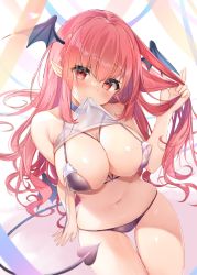 Rule 34 | 1girl, bare arms, bare shoulders, bikini, black bikini, black wings, blue choker, blush, breasts, choker, demon girl, demon tail, demon wings, head tilt, head wings, highres, koakuma, large breasts, lifting own clothes, long hair, looking at viewer, mouth hold, natsuki (ukiwakudasai), navel, playing with own hair, pointy ears, red eyes, red hair, sitting, solo, stomach, swimsuit, tail, thigh gap, thighs, touhou, wavy hair, wings