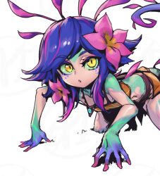 Rule 34 | 1girl, blue hair, breasts, colored skin, crop top, flower, green skin, hair flower, hair ornament, league of legends, multicolored hair, multicolored skin, neeko (league of legends), parted lips, phantom ix row, pink flower, pink hair, simple background, skirt, small breasts, solo, teeth, two-tone hair, white background, yellow eyes