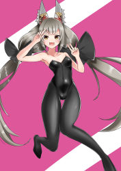 Rule 34 | 1girl, absurdres, animal ears, armpits, black leotard, bow, breasts, collarbone, double v, fangs, hair bow, highres, kamukamu 23, knees together feet apart, leotard, long hair, looking at viewer, low twintails, magenta background, nia (blade) (xenoblade), nia (xenoblade), nintendo, niyah, nontraditional playboy bunny, open mouth, pantyhose, pink background, playboy bunny, silver hair, simple background, small breasts, spoilers, thigh gap, twintails, v, very long hair, white background, xenoblade chronicles (series), xenoblade chronicles 2, yellow eyes