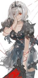 Rule 34 | 1girl, absurdres, alchemaniac, alter ego conjurer, armor, belt, black nails, black skirt, breasts, cleavage, collarbone, covering one eye, djeeta (granblue fantasy), granblue fantasy, grin, hairband, highres, nail polish, red eyes, short hair, shoulder armor, silver hair, simple background, skirt, smile, solo, spiked hairband, spikes, string, string of fate, thighhighs, white background
