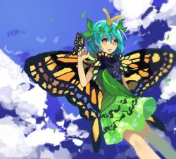 Rule 34 | 1girl, :d, antennae, aqua hair, black capelet, blue sky, bug, butterfly, butterfly on hand, butterfly wings, capelet, cloud, commentary request, day, dress, eternity larva, feet out of frame, green dress, hair between eyes, hair ornament, highres, insect, insect wings, kaigen 1025, kariyushi shirt, leaf, leaf hair ornament, leaf on head, leaning to the side, looking at viewer, multicolored clothes, multicolored dress, open mouth, orange eyes, short dress, short hair, short sleeves, sidelocks, sky, smile, solo, touhou, turtleneck, wings, yellow butterfly, yellow wings