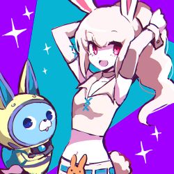 Rule 34 | 10s, 1girl, animal ears, arms up, bad id, bad pixiv id, rabbit, rabbit ears, crossed arms, helmet, high ponytail, long hair, midriff, open mouth, pink eyes, snowrabby, spacesuit, tobari, usapyon, traditional youkai, youkai watch, youkai watch 3