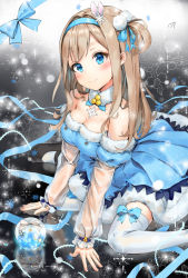 Rule 34 | 1girl, bad id, bad pixiv id, bare shoulders, blue bow, blue dress, blue eyes, blue hairband, blush, bow, breasts, cleavage, closed mouth, collarbone, commentary, detached sleeves, dress, fur-trimmed dress, fur trim, girls&#039; frontline, hair ornament, hairband, highres, kian, long hair, long sleeves, looking at viewer, medium breasts, official alternate costume, sidelocks, snowflake hair ornament, solo, suomi (girls&#039; frontline), suomi (korvatunturi pixie) (girls&#039; frontline), thighhighs, white thighhighs