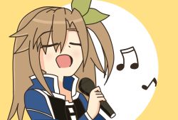 Rule 34 | breasts, brown hair, coat, collar, dress, highres, if (neptunia), leafy bow, long hair, mic, micorphone, music, music notes, neptune (series), notes, open mouth, ponytail, ribbon, sidetail, singing, sleevs, small breasts, trench coat, wrist, yellow background