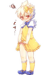 Rule 34 | 1boy, adapted costume, aged down, blush, bow, crossdressing, dress, hair bow, hakuryuu (inazuma eleven), inazuma eleven, inazuma eleven (series), inazuma eleven go, male focus, multicolored hair, red eyes, simple background, solo, standing, tears, tobi (one), two-tone hair, white background