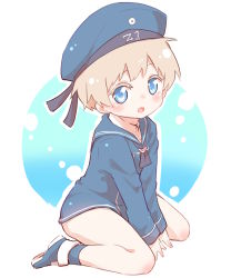 Rule 34 | 10s, 1girl, ayakashi (monkeypanch), beret, blonde hair, blue eyes, blush, bottomless, clothes writing, colored eyelashes, full body, hat, highres, kantai collection, long sleeves, neckerchief, open mouth, outline, sailor collar, sailor hat, short hair, sitting, smile, solo, z1 leberecht maass (kancolle)
