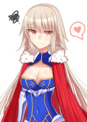 Rule 34 | 1girl, absurdres, armor, artoria pendragon (fate), artoria pendragon (lancer) (fate), bad id, bad pixiv id, blush, breasts, cape, cleavage, closed mouth, cosplay, fate/grand order, fate (series), fur-trimmed cape, fur trim, heart, highres, jeanne d&#039;arc (fate), jeanne d&#039;arc alter (avenger) (fate), jeanne d&#039;arc alter (fate), white background, white hair, yellow eyes