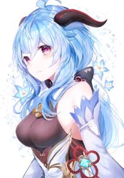 Rule 34 | 1girl, ahoge, bare shoulders, bell, blue hair, chinese knot, closed mouth, cowbell, detached sleeves, flower, framed breasts, ganyu (genshin impact), genshin impact, goat horns, gold trim, hair between eyes, horns, light blush, long hair, looking at viewer, noyu (noyu23386566), petals, pink eyes, solo, upper body, vision (genshin impact)