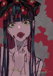 Rule 34 | 1girl, black hair, black nails, blunt bangs, eyelashes, face, fangs, fingernails, lam (ramdayo), long hair, multicolored eyes, multicolored hair, nail polish, open mouth, original, second-party source, simple background, solo, tongue, tongue out, yellow eyes