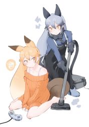 Rule 34 | 2girls, adapted costume, animal ears, apron, bare legs, bare shoulders, barefoot, black apron, black neckwear, blue jacket, blush, bow, bowtie, commentary request, controller, dress, extra ears, ezo red fox (kemono friends), fox ears, fox girl, fox tail, fur trim, game controller, gloves, grey hair, highres, jacket, kemono friends, long hair, long sleeves, multiple girls, orange eyes, orange hair, orange sweater, parsley (simonov1941), sidelocks, silver fox (kemono friends), slippers, sweater, sweater dress, tail, vacuum cleaner