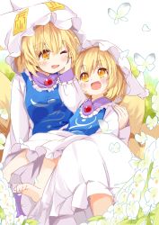 Rule 34 | 2girls, aged down, animal ears, animal hat, barefoot, blonde hair, blush, bug, butterfly, child, dress, dual persona, eye contact, flower, fox ears, fox tail, hand on another&#039;s face, hat, highres, image sample, insect, japa, long sleeves, looking at another, md5 mismatch, mob cap, multiple girls, multiple tails, one eye closed, open mouth, orange eyes, resized, resolution mismatch, short hair, sitting, source larger, tabard, tail, touhou, white dress, yakumo ran