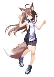 Rule 34 | 1girl, ahoge, animal ear fluff, animal ears, armpits, bare shoulders, bike shorts, blue hoodie, blue shirt, blush, brown eyes, brown hair, cat hair ornament, claw pose, closed mouth, commentary request, fang, fang out, fox ears, fox girl, fox tail, full body, hair between eyes, hair ornament, hands up, hood, hood down, hoodie, long hair, oni kitsune (ghostfox9), original, shirt, shoes, short shorts, shorts, sidelocks, simple background, skin fang, sleeveless, sleeveless hoodie, smile, solo, standing, tail, two-tone hoodie, user zxgd8787, very long hair, white background, white hoodie