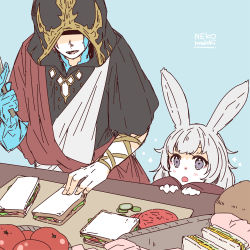 Rule 34 | 1boy, 1girl, aged down, animal ears, artist name, awestruck, basket, blue background, blush, child, crystal, crystal exarch, final fantasy, final fantasy xiv, fingernails, food, g&#039;raha tia, g'raha tia, grey eyes, grey hair, holding, holding knife, hood, hood up, knife, lili mdoki, lyna (ff14), material growth, miqo&#039;te, open mouth, rabbit ears, red hair, sandwich, shaded face, signature, simple background, smile, sparkle, table, teeth, tomato, tongue, viera