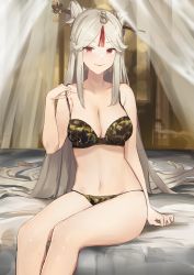 Rule 34 | 1girl, bed, bed sheet, bra, bra pull, breasts, cleavage, closed mouth, clothes pull, collarbone, curtains, genshin impact, hair ornament, hair stick, hand up, highres, large breasts, long hair, looking at viewer, nashidrop, ningguang (genshin impact), red eyes, sitting, smile, solo, tassel, underwear, underwear only, very long hair, white hair