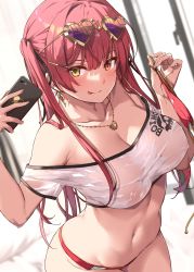 Rule 34 | 1girl, bare shoulders, bikini, blush, breasts, cellphone, cleavage, collarbone, covered erect nipples, crop top, heart, heart-shaped eyewear, heterochromia, highres, hololive, houshou marine, large breasts, long hair, looking at viewer, nanaku teiru, navel, off-shoulder shirt, off shoulder, phone, red bikini, red eyes, red hair, shirt, smile, solo, sunglasses, swimsuit, thighs, tongue, tongue out, twintails, virtual youtuber, wet, wet clothes, white shirt, yellow eyes