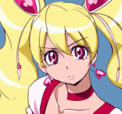 Rule 34 | 00s, 1girl, blonde hair, blue background, choker, cure peach, earrings, eyelashes, fresh precure!, heart, heart earrings, jewelry, long hair, looking at viewer, magical girl, momozono love, oimanji, pink eyes, precure, simple background, solo, twintails