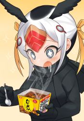 Rule 34 | + +, 1girl, :o, black gloves, black hair, black scarf, choir (artist), curry, drooling, food, gloves, hair between eyes, head wings, highres, holding, holding spoon, kemono friends, long sleeves, multicolored hair, nissin, product placement, red hair, scarf, short hair, simple background, solo, sparkle, spoon, steam, tufted puffin (kemono friends), upper body, white hair, wings, yellow background