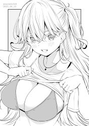 Rule 34 | 1girl, bikini, bikini top only, blush, breasts, clothes lift, commentary request, dated, grey background, greyscale, hair between eyes, highres, jewelry, kichihachi, large breasts, lifted by self, long hair, looking at viewer, monochrome, necklace, open mouth, original, shirt lift, solo, swimsuit, twitter username, two-tone background, upper body, white background