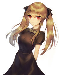 Rule 34 | 1girl, :3, arms behind back, bad id, bad pixiv id, black dress, bow, bowtie, brown hair, dress, girls&#039; frontline, hair ornament, hairclip, highres, long hair, looking at viewer, scar, scar across eye, scar on face, sidelocks, simple background, solo, twintails, ump9 (girls&#039; frontline), upper body, white background, xanax025