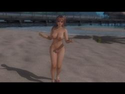 Rule 34 | 1girl, 3d, animated, animated gif, beach, bikini, bird, breasts, cloud, coconut, dead or alive, dead or alive 5, dolphin, female focus, honoka (doa), large breasts, nipples, ocean, parrot, pier, pink hair, red eyes, sand, seagull, sky, solo, swimsuit, tecmo, topless