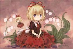 Rule 34 | 1girl, bad id, bad pixiv id, blonde hair, blouse, blue eyes, border, bow, character name, doll joints, fairy wings, female focus, flower, frills, hair ribbon, hands on lap, highres, joints, leaf, lily of the valley, looking at viewer, medicine melancholy, no mouth, puffy sleeves, red background, ribbon, seiza, shirt, short hair, short sleeves, sitting, skirt, solo, su-san, touhou, toutenkou, wings, wrist cuffs