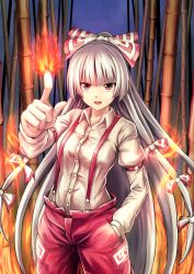 Rule 34 | 1girl, :d, absurdres, arm strap, bamboo, bamboo forest, breasts, fire, forest, fujiwara no mokou, funami dingo, hair ribbon, hand in pocket, highres, long hair, looking at viewer, medium breasts, nature, ofuda, open mouth, pants, red eyes, ribbon, shirt, silver hair, smile, solo, suspenders, touhou, tress ribbon, very long hair