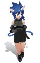 Rule 34 | 1girl, 32 idol saturn-chan, animal ears, black bodysuit, blue eyes, blue hair, bodysuit, cat ears, cat tail, chaps, full body, game console, holding, nintendo, non-web source, personification, product girl, saturn (32 idol saturn-chan), sega, sega saturn, shadow, simple background, solo, standing, tail, white background, yoshizaki mine