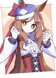 Rule 34 | 1girl, animal ears, blush, bow, bowtie, bright pupils, brown eyes, brown hair, cabbie hat, center frills, closed mouth, commentary request, corset, dot nose, frills, hair ornament, hairclip, hands up, hat, highres, horse ears, horse girl, hujisun, long hair, long sleeves, looking at viewer, matikane tannhauser (umamusume), purple bow, purple bowtie, purple hat, red corset, sidelocks, smile, solo, split mouth, umamusume, upper body, white pupils
