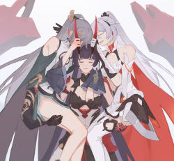 Rule 34 | 3girls, :d, armor, bare shoulders, black gloves, black hair, boots, breasts, china dress, chinese clothes, cleavage, closed eyes, closed mouth, dress, earrings, floofhua, fu hua, fu hua (azure empyrea), gauntlets, gloves, honkai (series), honkai impact 3rd, horns, japanese armor, jewelry, kiana kaslana, kiana kaslana (herrscher of flamescion), long hair, long sleeves, multiple girls, open mouth, ponytail, purple hair, raiden mei, raiden mei (herrscher of thunder), simple background, smile, thigh boots, thighhighs, white background, white footwear, white hair