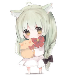 Rule 34 | 1girl, ahoge, akashi (azur lane), animal ears, azur lane, bad id, bad pixiv id, barefoot, bell, black bow, blush, bow, braid, brown eyes, cat ears, chibi, closed mouth, commentary request, cottontailtokki, dress, full body, green hair, hair between eyes, hair bow, holding, jingle bell, long hair, long sleeves, red bow, smile, solo, standing, very long hair, white background, white dress, wide sleeves