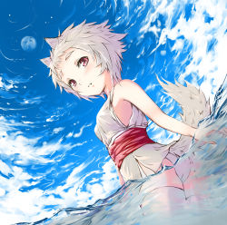 Rule 34 | 1girl, animal ears, bare shoulders, cloud, day, dutch angle, face, female focus, highres, inubashiri momiji, lifted by tail, moon, mutsutsu, mututu, outdoors, panties, red eyes, short hair, silver hair, sky, sleeveless, solo, tail, thighhighs, touhou, underwear, wading, water, white panties, white thighhighs, wolf ears, wolf tail