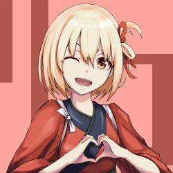 Rule 34 | 1girl, blonde hair, hair ornament, hands up, heart, heart hands, highres, japanese clothes, karan koron100, kimono, looking at viewer, lycoris recoil, nishikigi chisato, one eye closed, orange eyes, red kimono, short hair, sleeves rolled up, solo, upper body