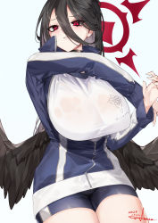 Rule 34 | 1girl, bike shorts, black hair, black wings, blue archive, breasts, dated, feathered wings, hair between eyes, halo, hasumi (blue archive), hasumi (track) (blue archive), highres, huge breasts, jacket, large breasts, looking at viewer, mole, mole under eye, partially unzipped, red eyes, see-through, see-through shirt, shirasu (19san), signature, simple background, solo, stretching, sweatdrop, track jacket, white background, wings