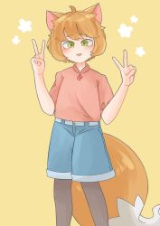 Rule 34 | 1girl, absurdres, animal ears, black pantyhose, blue shorts, blush, brown hair, double v, feet out of frame, fox ears, fox girl, fox tail, goose g3, green eyes, highres, looking at viewer, open mouth, pantyhose, pink shirt, ruoshui (the legend of luoxiaohei), shirt, short hair, short sleeves, shorts, simple background, smile, solo, tail, luo xiaohei zhanji, v, yellow background