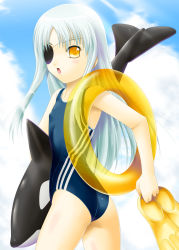Rule 34 | 00s, 1girl, ass, ayato, bad id, bad pixiv id, blue hair, cinque (nanoha), cloud, eyepatch, flippers, highres, inflatable orca, inflatable toy, inflatable whale, innertube, long hair, looking back, lyrical nanoha, mahou shoujo lyrical nanoha, mahou shoujo lyrical nanoha strikers, numbers (nanoha), one-piece swimsuit, orange eyes, outdoors, school swimsuit, sky, solo, standing, swim ring, swimsuit, whale