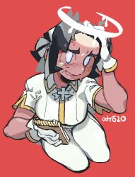 Rule 34 | 1girl, absurdres, angel, azazel (helltaker), black hair, collared shirt, cross, dripping, gloves, glowing, hair ribbon, halo, hand on own head, helltaker, highres, holding, holding notepad, notepad, pants, red background, ribbon, shirt, short hair, short sleeves, signature, simple background, solo, white eyes, white gloves, white pants, white ribbon, white shirt, whoopsatro