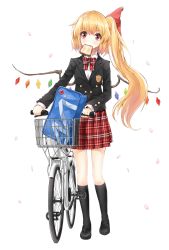 Rule 34 | 1girl, absurdres, badge, bag, bicycle, black legwear, blonde hair, bow, bowtie, bread slice, flandre scarlet, food, food in mouth, fuente, hair ribbon, highres, long hair, mouth hold, petals, plaid, plaid bow, plaid bowtie, plaid neckwear, plaid skirt, red eyes, ribbon, school uniform, side ponytail, simple background, skirt, solo, toast, toast in mouth, touhou, white background, wings