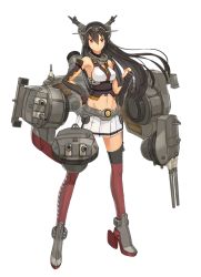 Rule 34 | 10s, 1girl, bare shoulders, black hair, boots, breasts, cannon, elbow gloves, fingerless gloves, full body, gloves, hair ornament, hairband, headgear, kantai collection, long hair, mecha musume, midriff, nagato (kancolle), official art, personification, red thighhighs, shizuma yoshinori, skirt, solo, thighhighs, transparent background, turret, yellow eyes