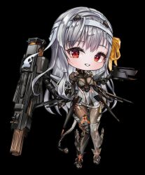 Rule 34 | 1girl, armor, armored boots, armored gloves, bandaged head, bandages, black gloves, blush, bodystocking, bodysuit, boots, breasts, chibi, cleavage, disgustingtokki, fingerless gloves, gloves, goddess of victory: nikke, grey hair, gun, hair ribbon, high heel boots, high heels, highres, large breasts, long hair, looking at viewer, mecha musume, mechanical tail, modernia (nikke), open mouth, red eyes, ribbon, see-through, see-through cleavage, shoulder armor, sidelocks, smile, solo, submachine gun, tail, weapon, white hair, yellow ribbon