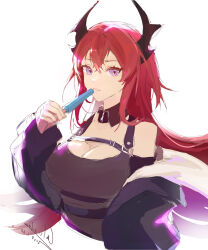 Rule 34 | 1girl, absurdres, arknights, bare shoulders, black dress, breasts, calvinlex049, cleavage, commentary request, cropped torso, dress, floating hair, food, hair between eyes, hair intakes, highres, holding, holding food, horns, large breasts, long hair, long sleeves, looking at viewer, popsicle, puffy long sleeves, puffy sleeves, purple eyes, red hair, simple background, sketch, sleeves past wrists, solo, surtr (arknights), upper body, very long hair, white background