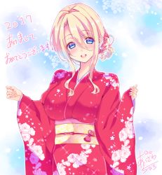 Rule 34 | 1girl, 2017, aizawa chihiro, akeome, artist name, blonde hair, blue eyes, breasts, dated, floral print, hair between eyes, hair intakes, hands up, happy new year, japanese clothes, kimono, large breasts, long hair, looking at viewer, new year, obi, open mouth, original, red kimono, sash, sidelocks, signature, smile, solo, tareme, teeth, wide sleeves