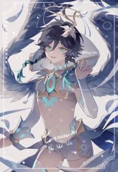 Rule 34 | 1boy, 329kome, angel wings, aqua eyes, aqua hair, black hair, braid, capelet, cowboy shot, crop top, detached sleeves, falling feathers, feathered wings, feathers, flower, genshin impact, gradient hair, hair flower, hair ornament, halo, hand up, highres, hood, hood down, hooded capelet, looking at viewer, male focus, micro shorts, midriff, multicolored hair, navel, open mouth, revealing clothes, shirt, shorts, simple background, sleeveless, sleeveless shirt, solo, thighhighs, tongue, twin braids, twitter username, venti (archon) (genshin impact), venti (genshin impact), white background, white capelet, white shorts, white thighhighs, white wings, wings