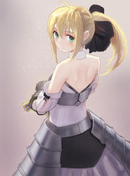 Rule 34 | ahoge, anone, armor, armored dress, artoria pendragon (all), artoria pendragon (fate), bare shoulders, black ribbon, blonde hair, blush, caliburn (fate), fate/unlimited codes, fate (series), green eyes, hair ribbon, looking at viewer, looking back, ponytail, ribbon, saber (fate), saber lily, solo, sword, weapon