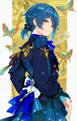 Rule 34 | 1boy, absurdres, blue bow, blue hair, bow, bug, butterfly, closed mouth, genshin impact, highres, insect, long sleeves, looking at viewer, male focus, misoshiru umai4, official alternate costume, orange eyes, ponytail, short ponytail, signature, simple background, solo, twitter username, xingqiu (bamboo rain) (genshin impact), xingqiu (genshin impact)