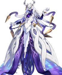 Rule 34 | 1girl, dress, eldritch abomination, fire emblem, fire emblem heroes, ginnungagap (fire emblem), gloves, highres, horns, mask, mechanical horns, nintendo, non-web source, official art, one-eyed, solo, tentacle hair, white background, white dress, white gloves, white mask