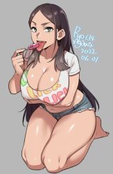 Rule 34 | 1girl, agawa ryou, arm under breasts, artist name, barefoot, breasts, bright pupils, brown hair, candy, cleavage, collarbone, commentary, covered erect nipples, crop top, cutoffs, dated, denim, denim shorts, english commentary, food, full body, green eyes, grey background, holding, holding candy, holding food, holding lollipop, large breasts, licking, lollipop, long hair, looking at viewer, midriff, navel, no bra, numbered, open mouth, original, parted bangs, parted hair, raised eyebrow, round teeth, seiza, shirt, short shorts, short sleeves, shorts, sidelocks, simple background, sitting, solo, straight hair, teeth, tongue, tongue out, upper teeth only, very long hair, white pupils, white shirt