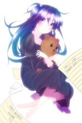 Rule 34 | 00s, 1girl, big bridge, birthday, black dress, blush, character name, clannad, dress, hair bobbles, hair ornament, highres, holding, holding stuffed toy, letter, long hair, looking at viewer, purple eyes, purple hair, skirt, smile, stuffed animal, stuffed toy, teddy bear, twintails, white background