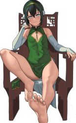 Rule 34 | 1girl, avatar: the last airbender, avatar legends, bare legs, barefoot, breasts, bridal gauntlets, chair, chinese clothes, covered navel, dress, feet, female focus, foot focus, full body, green dress, green eyes, hair bun, head rest, highres, lasterk, legs, light smile, looking at viewer, short hair, simple background, single hair bun, sitting, small breasts, smile, soles, solo, spread legs, thighs, toes, toph bei fong, white background