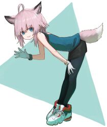 Rule 34 | 1girl, ahoge, animal ear fluff, animal ears, arknights, bare shoulders, bent over, black pantyhose, black skirt, blue background, blue eyes, blue tank top, closed mouth, commentary request, fox ears, fox girl, fox tail, from side, gloves, hair between eyes, highres, izumo (ton 63), looking at viewer, looking to the side, pantyhose, pink hair, shoes, skirt, smile, solo, sussurro (arknights), tail, tank top, two-tone background, white background, white footwear, white gloves